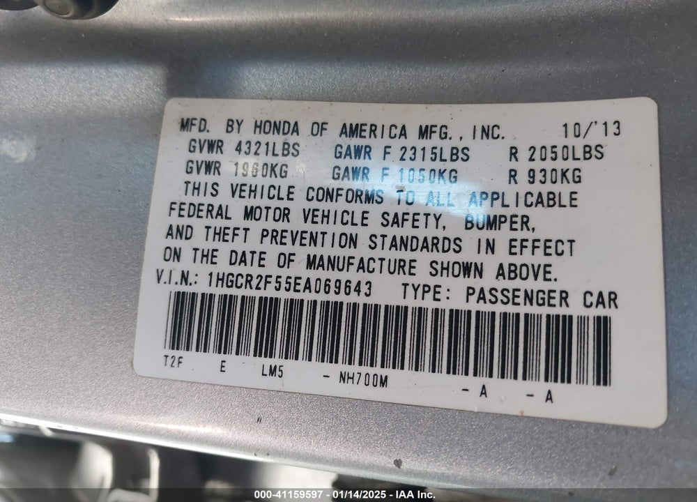 2014 HONDA ACCORD SPORT VIN: 1HGCR2F55EA069643