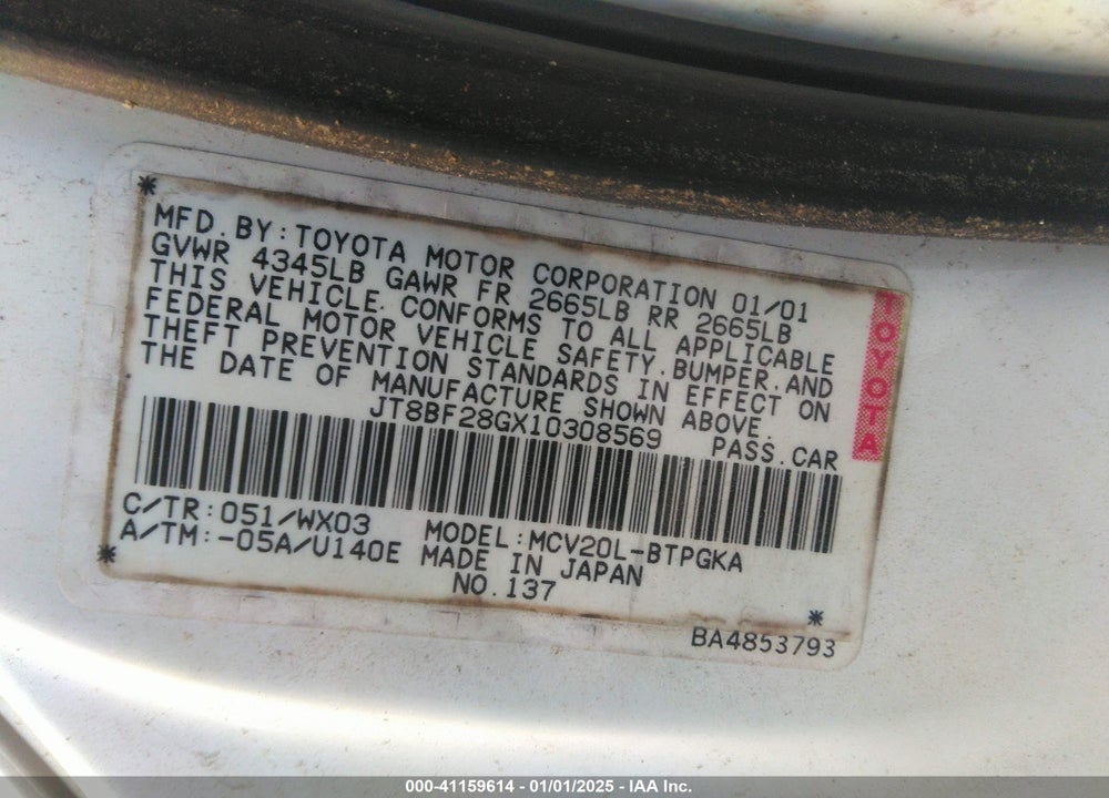 2001 LEXUS ES 300 VIN: JT8BF28GX10308569
