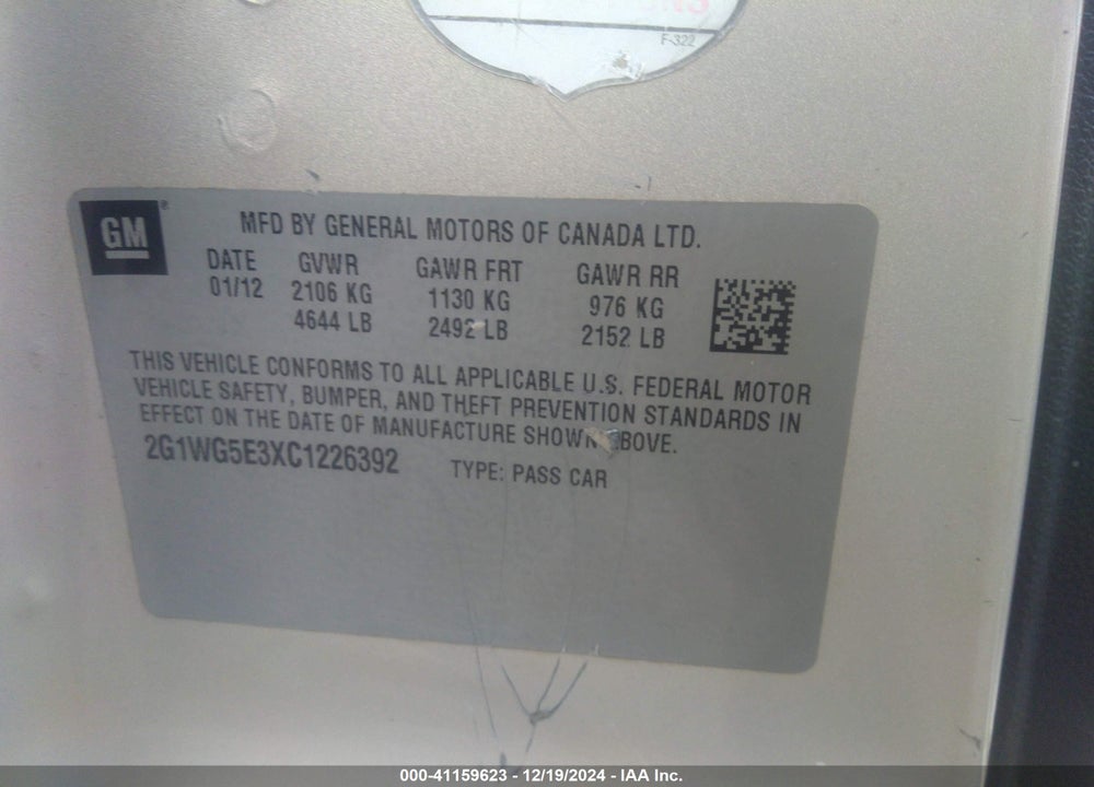 2012 CHEVROLET IMPALA VIN: 2G1WG5E3XC1226392
