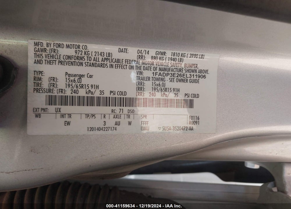 2014 FORD FOCUS S VIN: 1FADP3E26EL311906
