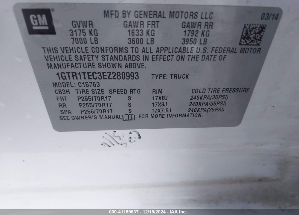 2014 GMC SIERRA 1500 VIN: 1GTR1TEC3EZ280993