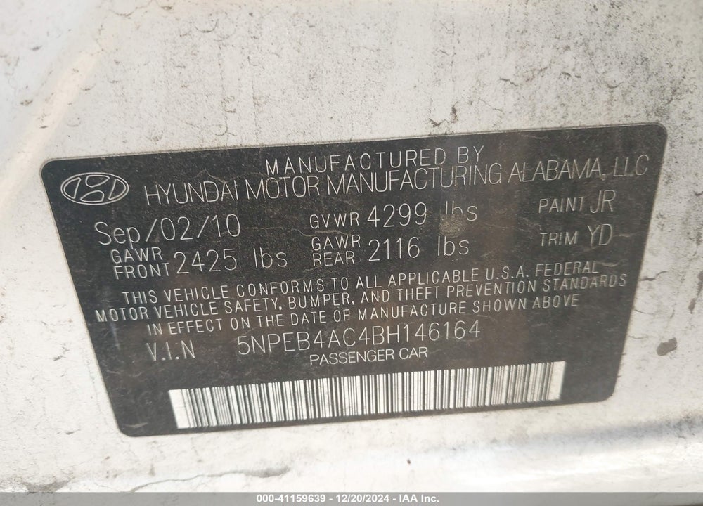 2011 HYUNDAI SONATA GLS VIN: 5NPEB4AC4BH146164