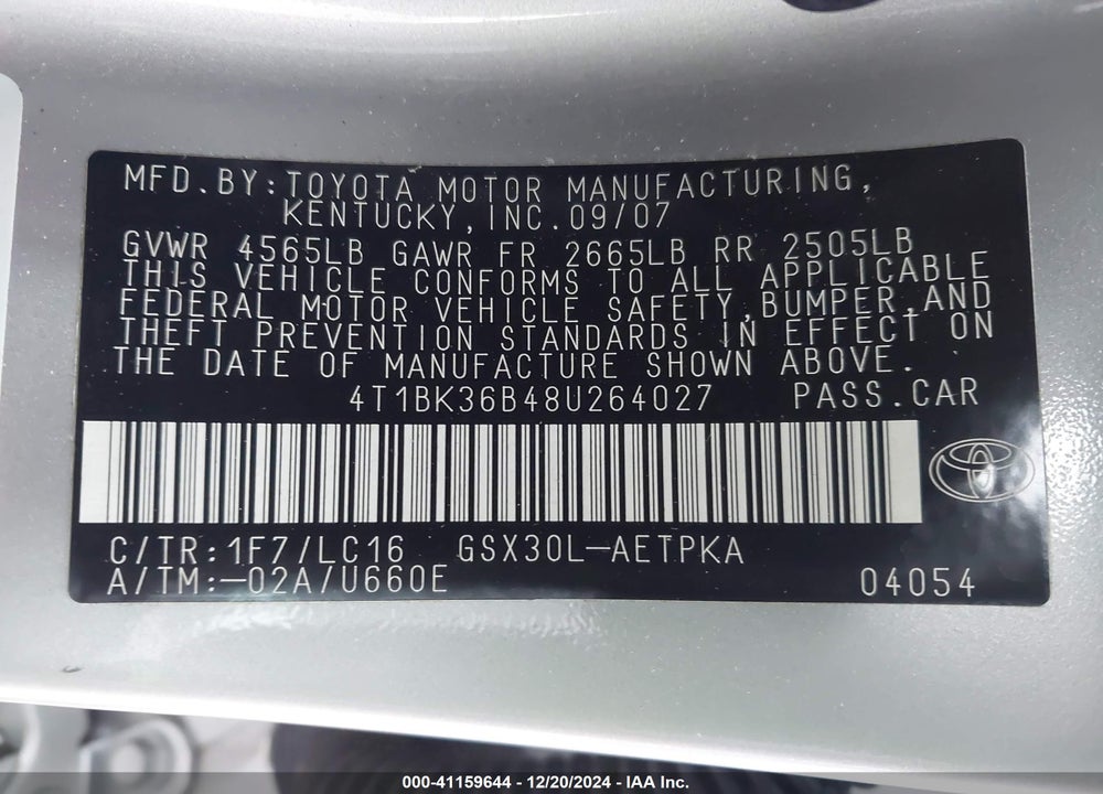 2008 TOYOTA AVALON LIMITED VIN: 4T1BK36B48U264027
