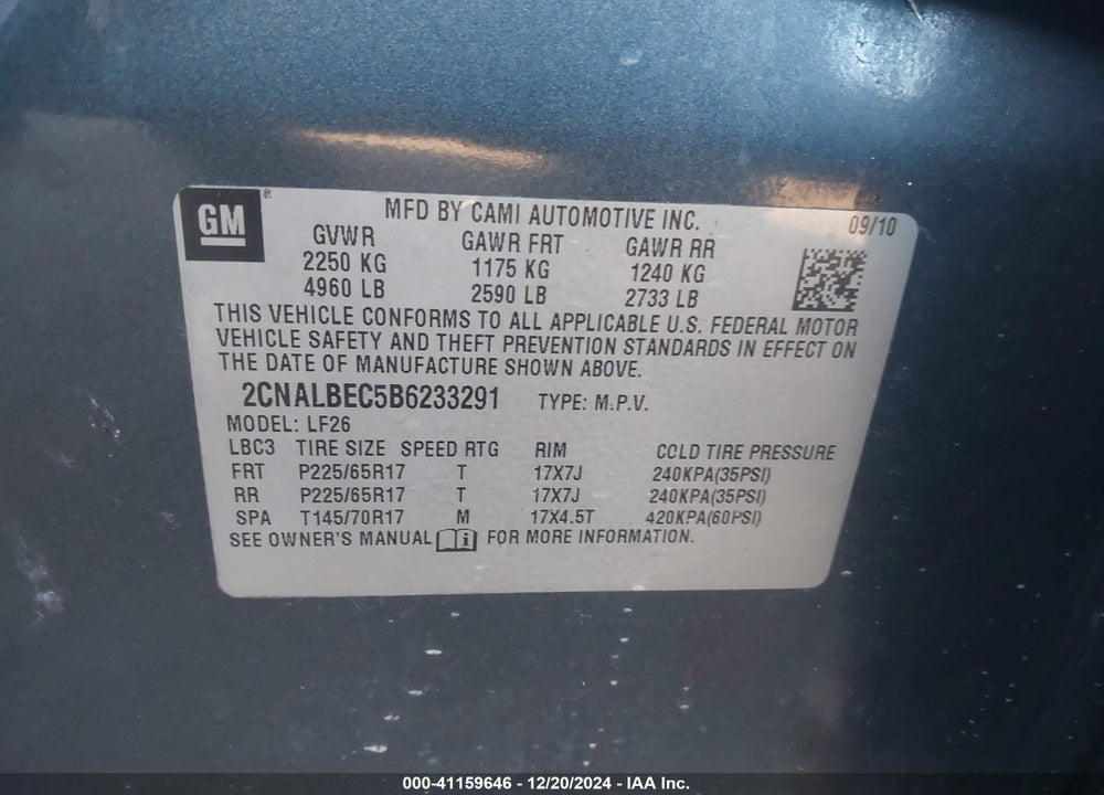 2011 CHEVROLET EQUINOX LS VIN: 2CNALBEC5B6233291
