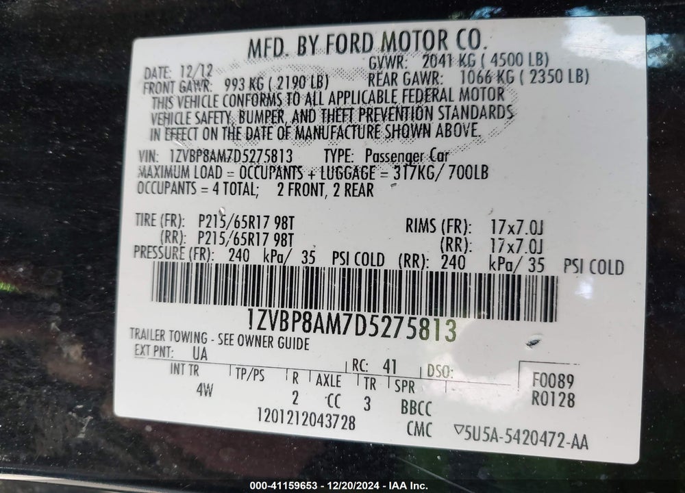 2013 FORD MUSTANG VIN: 1ZVBP8AM7D5275813