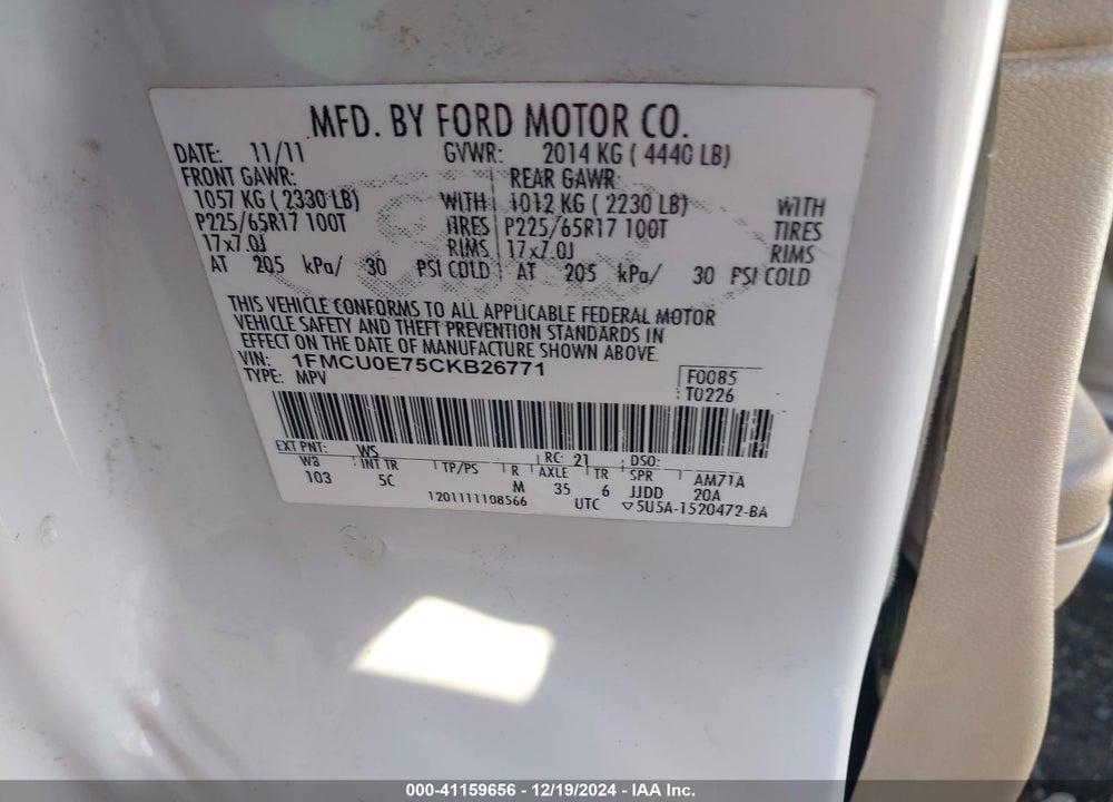 2012 FORD ESCAPE LIMITED VIN: 1FMCU0E75CKB26771