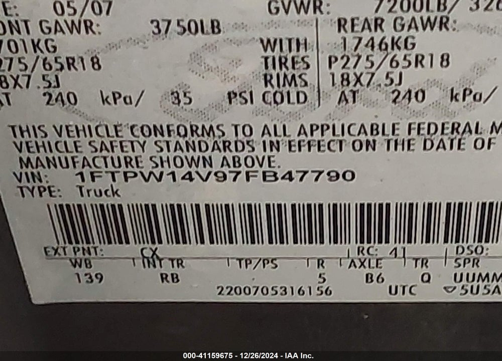 2007 FORD F-150 FX4/LARIAT/XLT VIN: 1FTPW14V97FB47790