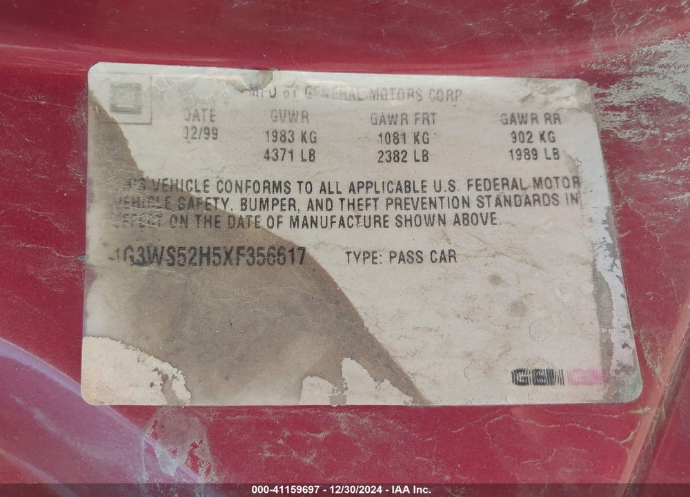 1999 OLDSMOBILE INTRIGUE GL VIN: 1G3WS52H5XF356617
