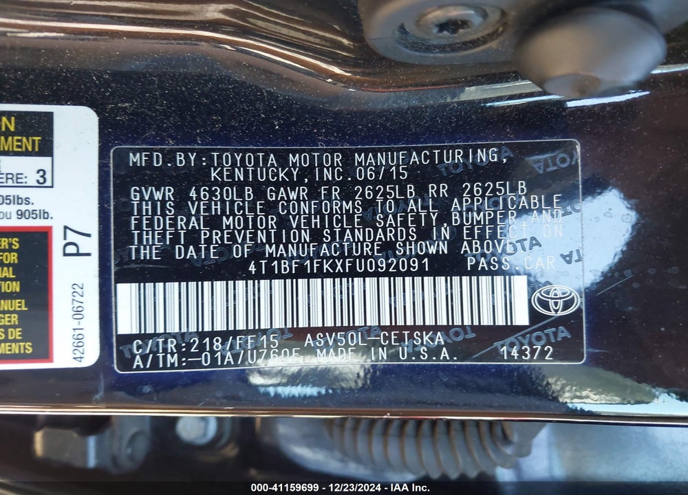 2015 TOYOTA CAMRY SE VIN: 4T1BF1FKXFU092091
