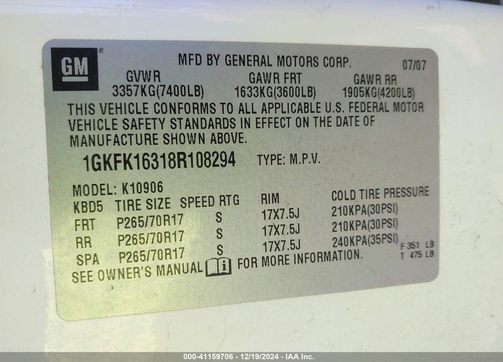 2008 GMC YUKON XL 1500 SLT VIN: 1GKFK16318R108294