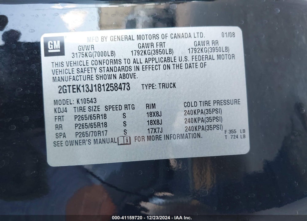 2008 GMC SIERRA 1500 SLT VIN: 2GTEK13J181258473
