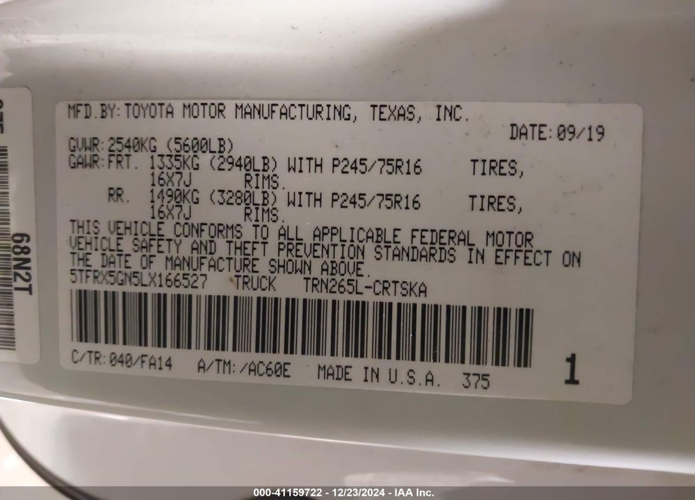 2020 TOYOTA TACOMA SR VIN: 5TFRX5GN5LX166527
