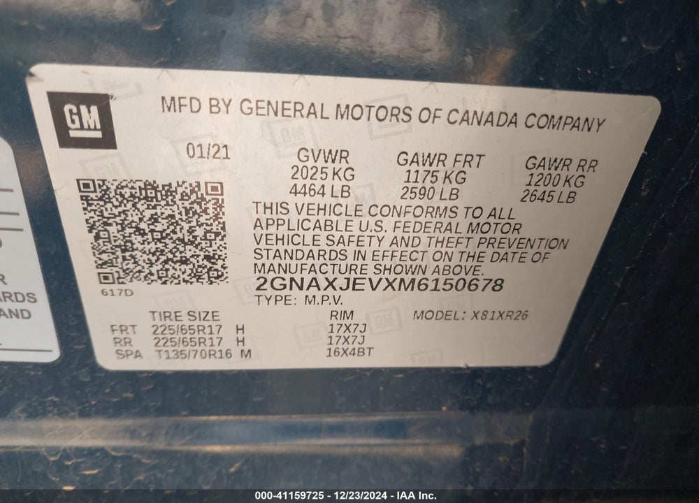 2021 CHEVROLET EQUINOX FWD 2FL VIN: 2GNAXJEVXM6150678