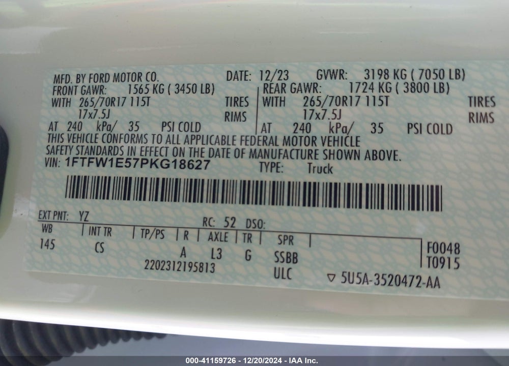 2023 FORD F-150 XL VIN: 1FTFW1E57PKG18627