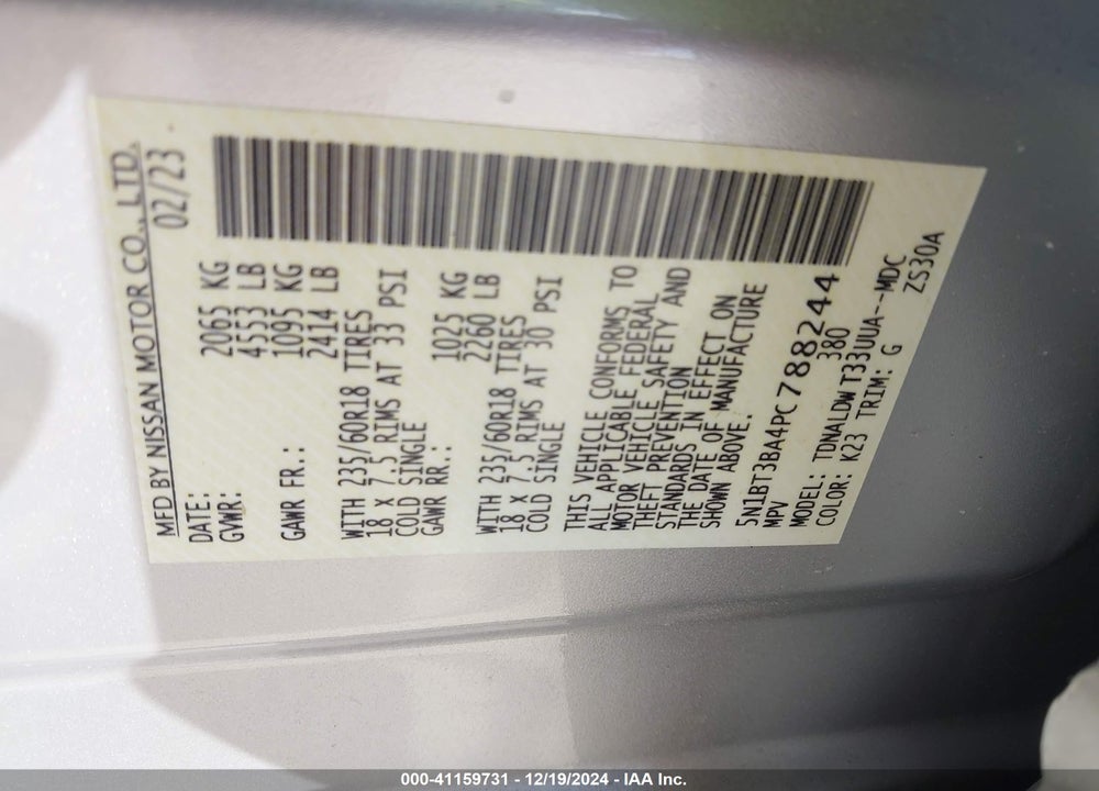 2023 NISSAN ROGUE SV FWD VIN: 5N1BT3BA4PC788244
