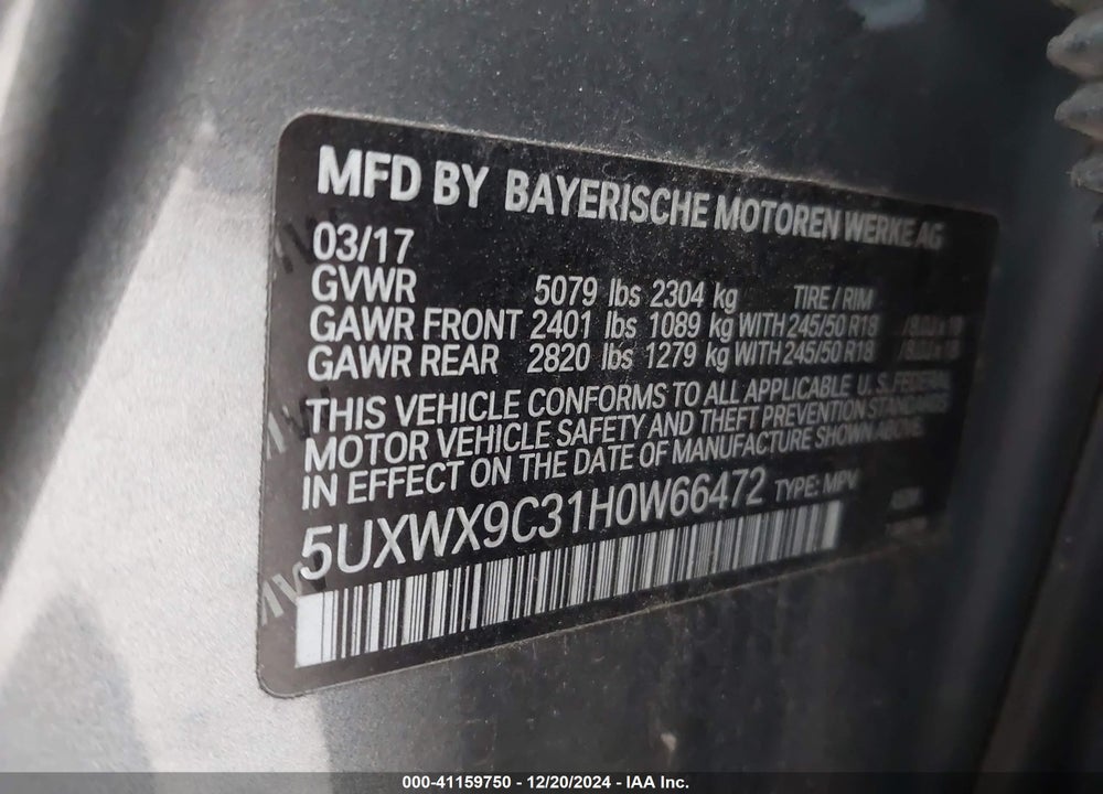 2017 BMW X3 XDRIVE28I VIN: 5UXWX9C31H0W66472