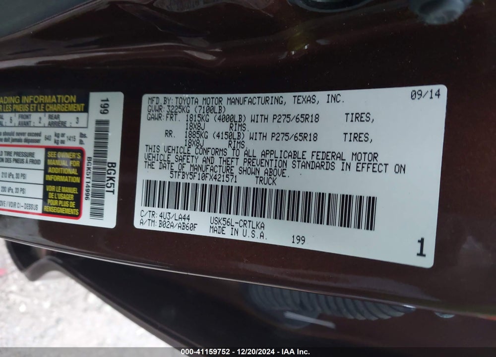 2015 TOYOTA TUNDRA LIMITED 5.7L V8 VIN: 5TFBY5F10FX421571