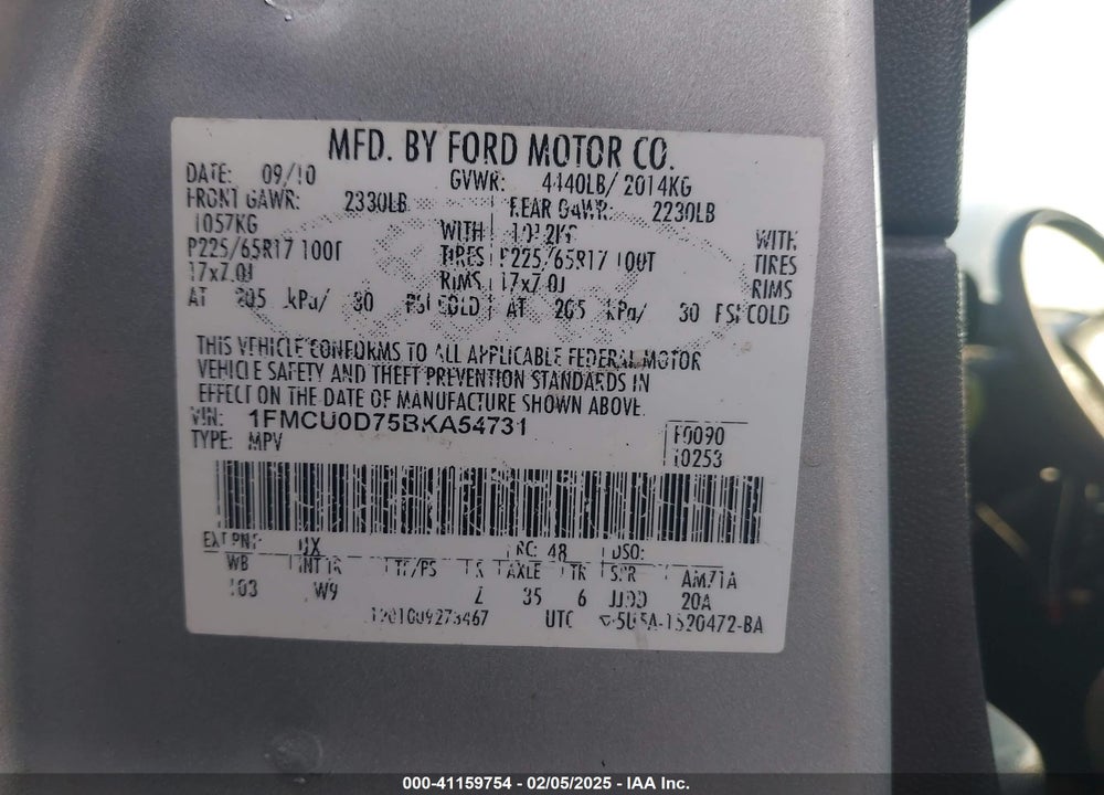 2011 FORD ESCAPE XLT VIN: 1FMCU0D75BKA54731
