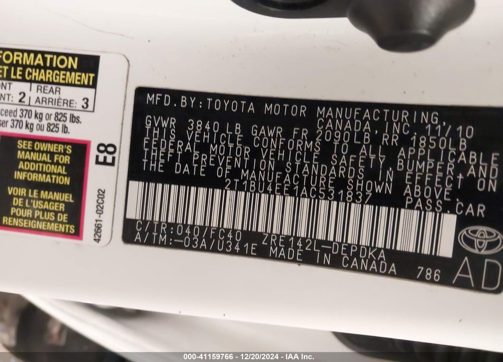 2010 TOYOTA COROLLA LE VIN: 2T1BU4EE1AC531837