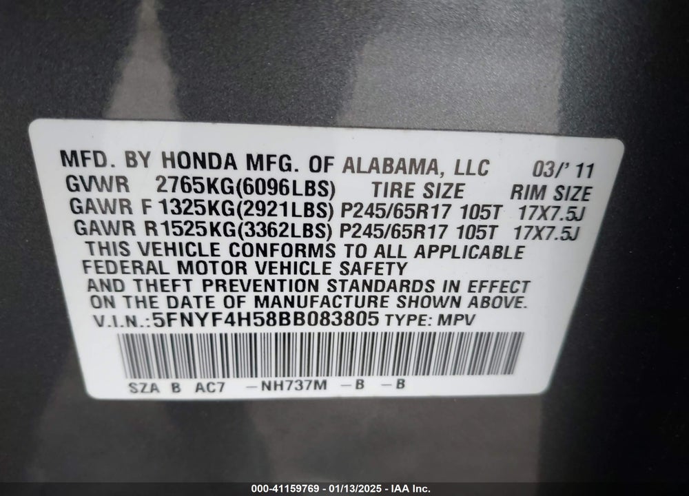 2011 HONDA PILOT EX-L VIN: 5FNYF4H58BB083805