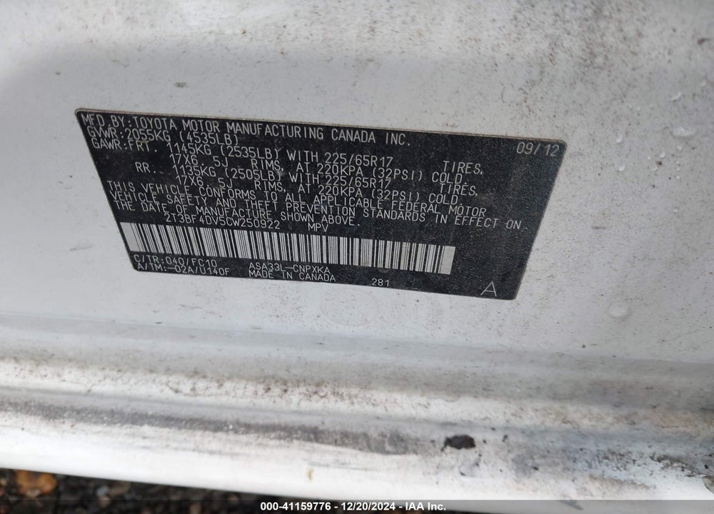 2012 TOYOTA RAV4 VIN: 2T3BF4DV5CW250922