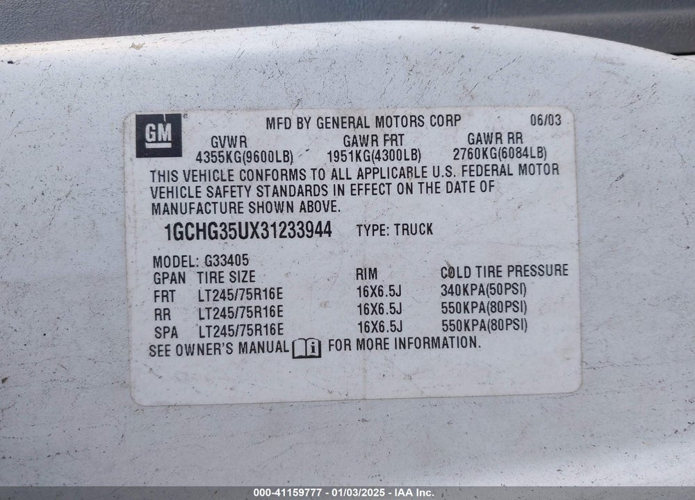 2003 CHEVROLET EXPRESS VIN: 1GCHG35UX31233944