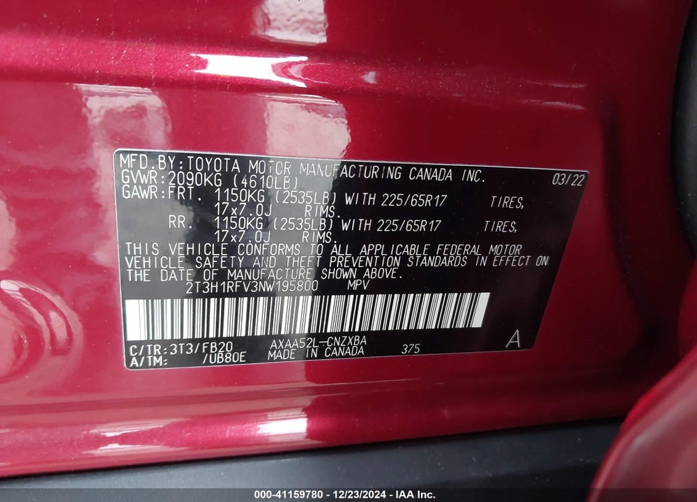 2022 TOYOTA RAV4 VIN: 2T3H1RFV3NW195800