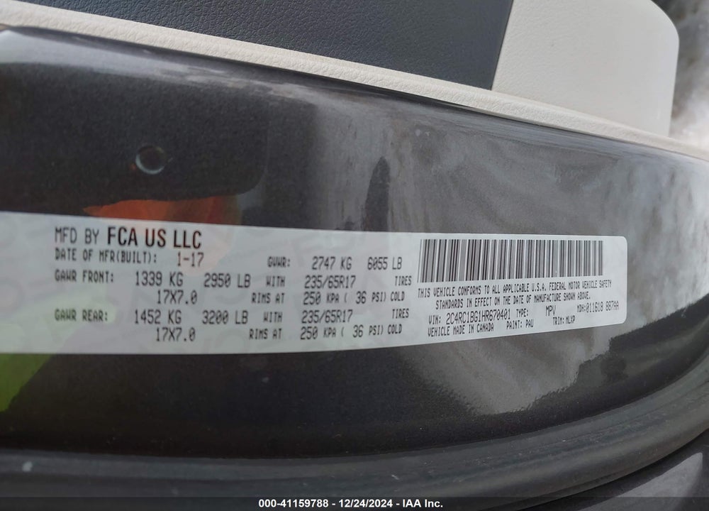 2017 CHRYSLER PACIFICA TOURING L VIN: 2C4RC1BG1HR670401