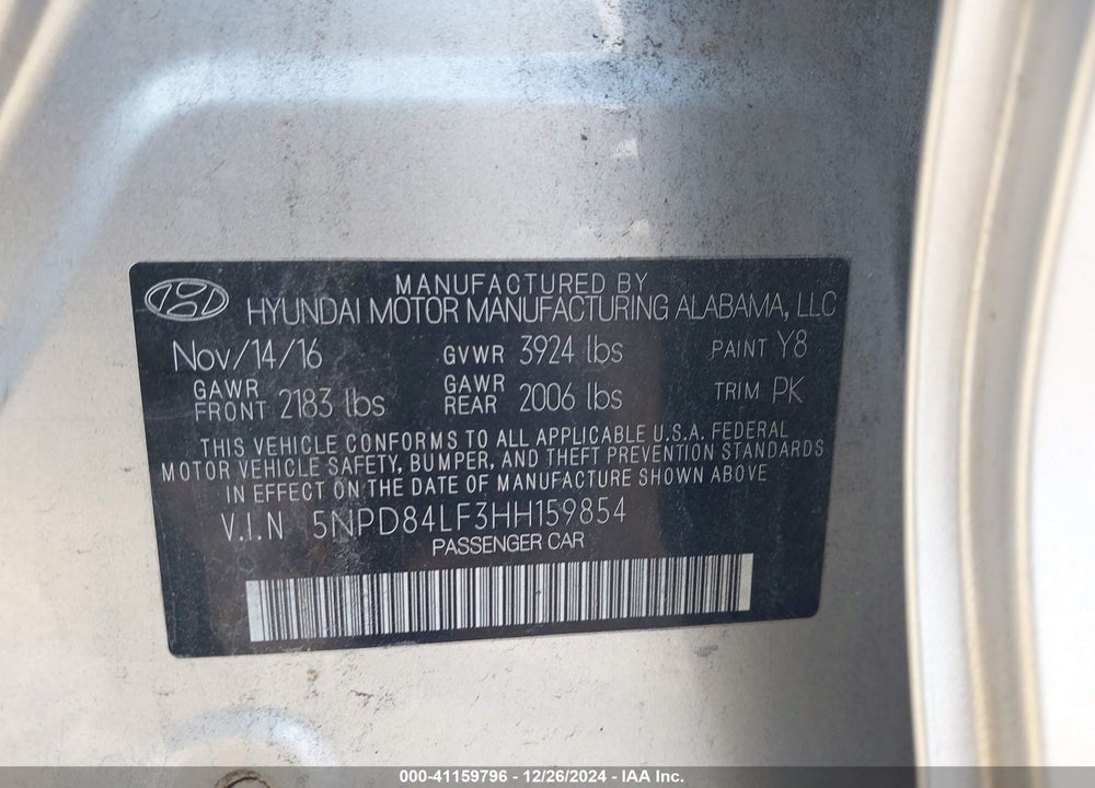 2017 HYUNDAI ELANTRA SE VIN: 5NPD84LF3HH159854