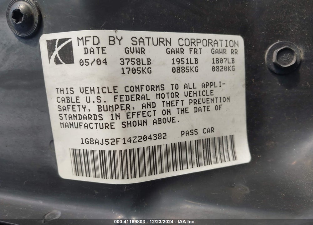 2004 SATURN ION 2 VIN: 1G8AJ52F14Z204382