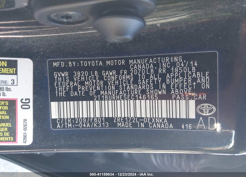 2014 TOYOTA COROLLA LE VIN: 2T1BURHE5EC146165