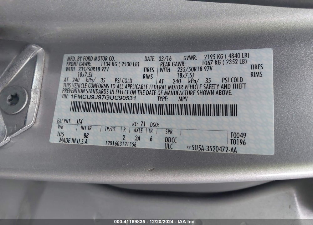 2016 FORD ESCAPE TITANIUM VIN: 1FMCU9J97GUC90531