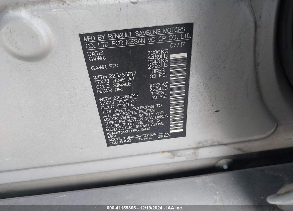 2017 NISSAN ROGUE SV VIN: KNMAT2MT6HP605414