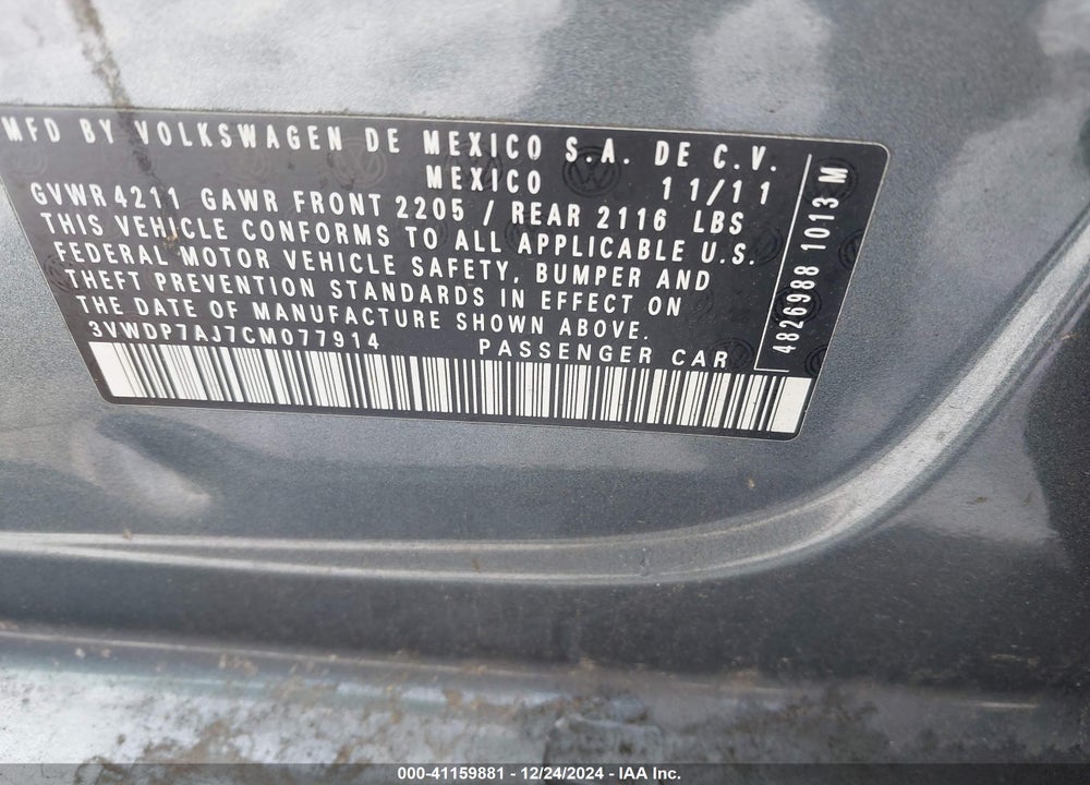 2012 VOLKSWAGEN JETTA VIN: 3VWDP7AJ7CM077914