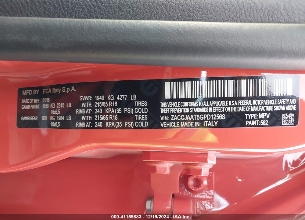 2016 JEEP RENEGADE SPORT VIN: ZACCJAAT5GPD12568