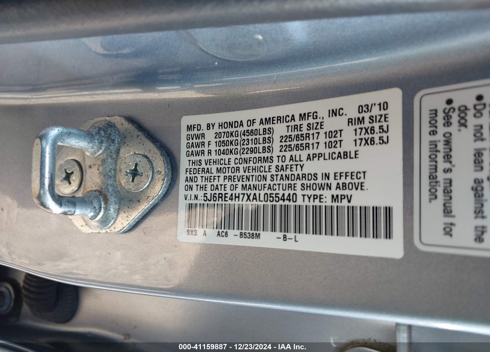 2010 HONDA CR-V EX-L VIN: 5J6RE4H7XAL055440