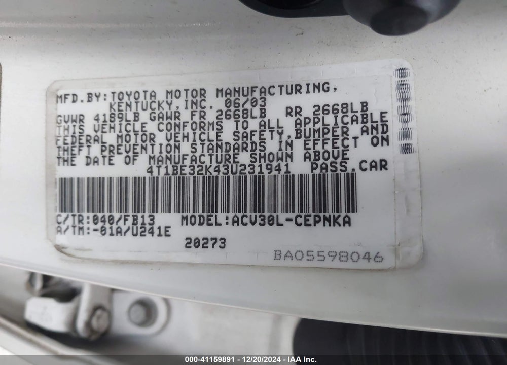 2003 TOYOTA CAMRY LE VIN: 4T1BE32K43U231941