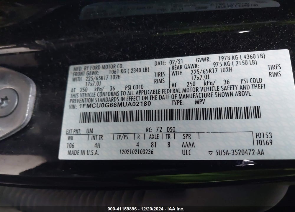 2021 FORD ESCAPE SE VIN: 1FMCU0G66MUA02180