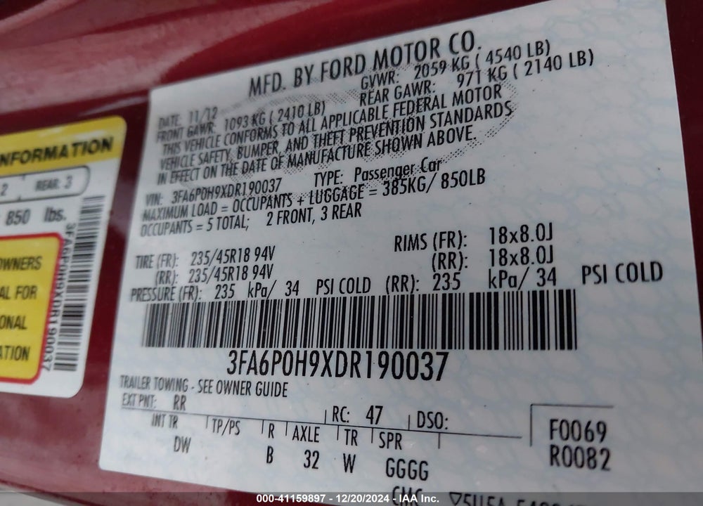 2013 FORD FUSION SE VIN: 3FA6P0H9XDR190037