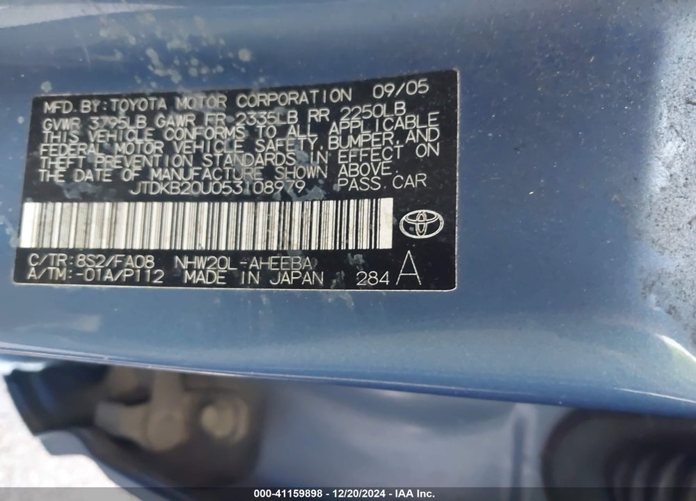 2005 TOYOTA PRIUS VIN: JTDKB20U053108979