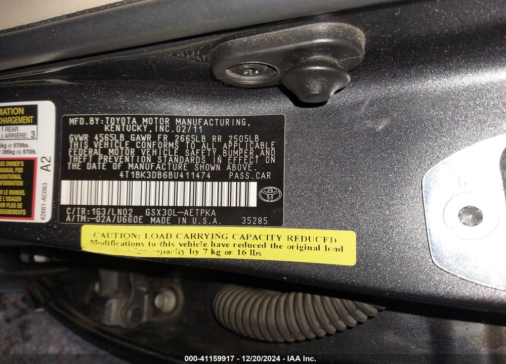 2011 TOYOTA AVALON LIMITED VIN: 4T1BK3DB6BU411474