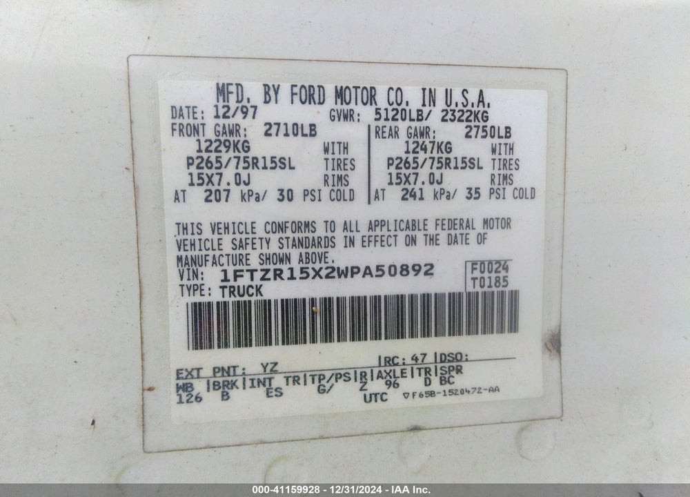 1998 FORD RANGER SPLASH/XL/XLT VIN: 1FTZR15X2WPA50892