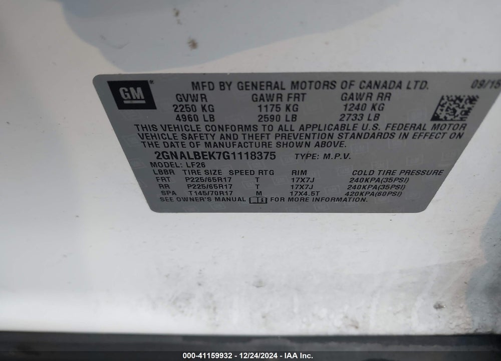 2016 CHEVROLET EQUINOX LS VIN: 2GNALBEK7G1118375