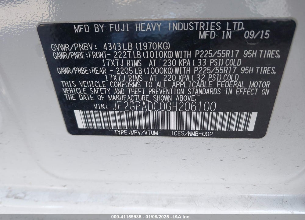 2016 SUBARU CROSSTREK 2.0I PREMIUM VIN: JF2GPADC0GH206100