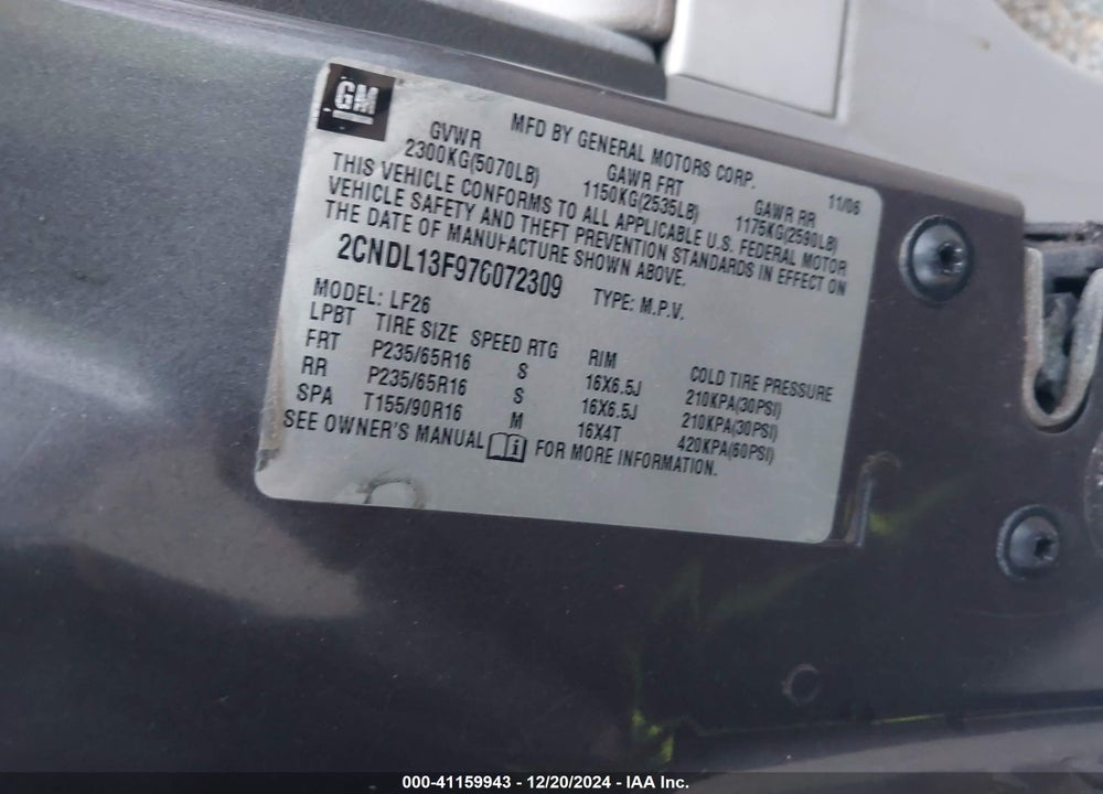 2007 CHEVROLET EQUINOX LS VIN: 2CNDL13F976072309
