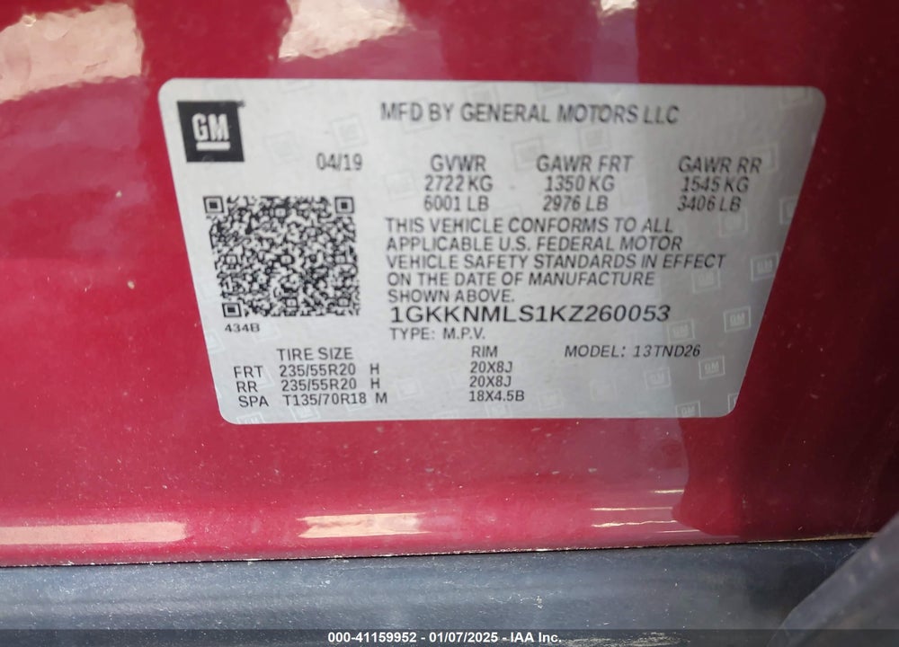 2019 GMC ACADIA SLT-1 VIN: 1GKKNMLS1KZ260053