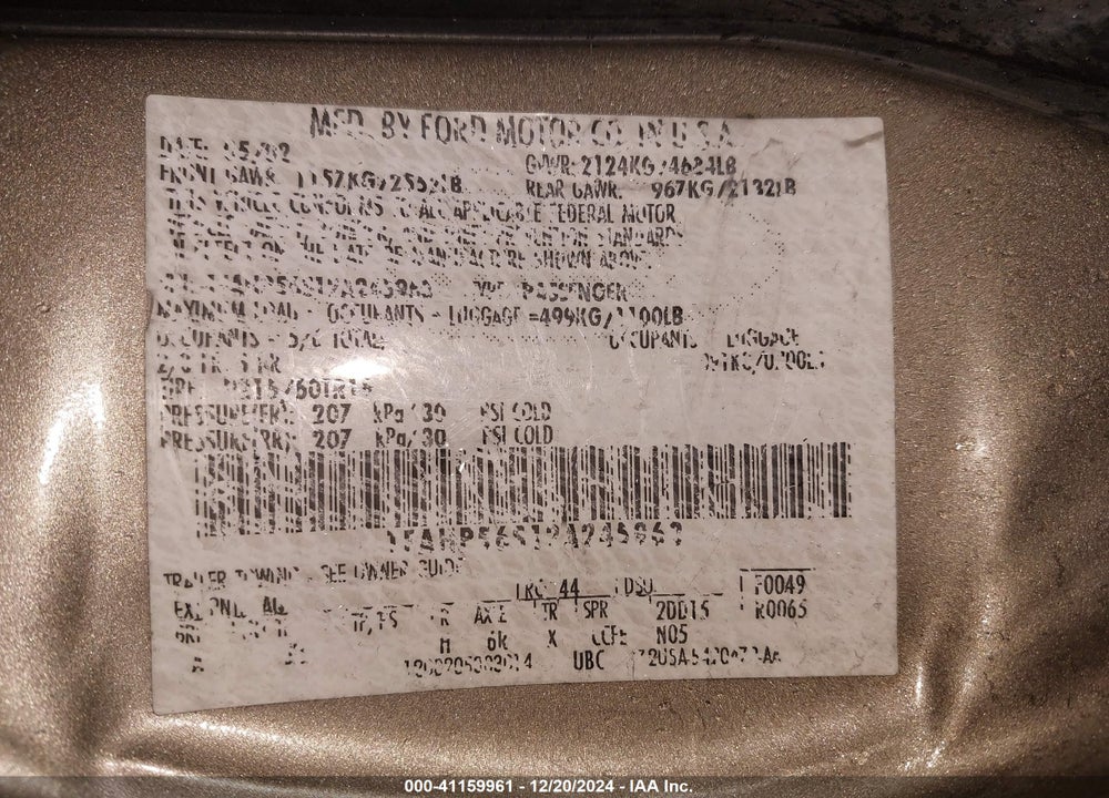 2002 FORD TAURUS SEL VIN: 1FAHP56S12A245963