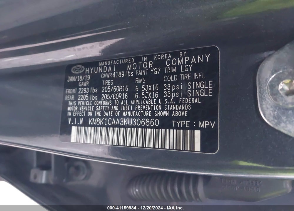 2019 HYUNDAI KONA SE VIN: KM8K1CAA3KU306860
