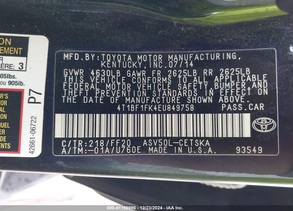 2014 TOYOTA CAMRY SE VIN: 4T1BF1FK4EU849758