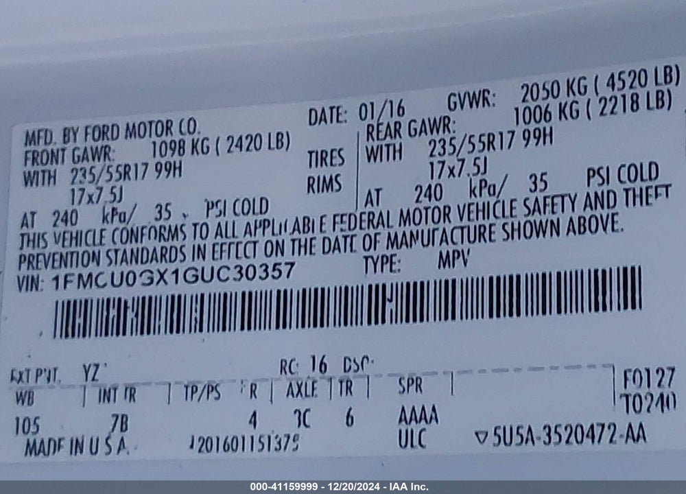 2016 FORD ESCAPE SE VIN: 1FMCU0GX1GUC30357